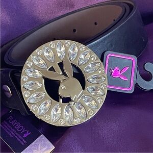 PLAYBOY Brilliant Large Marquis Gemstones Bling Spinner Chrome Belt Buckle Belt